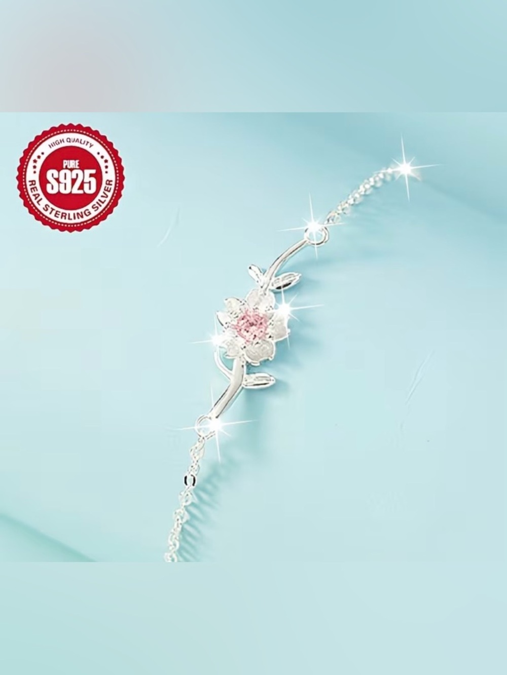 Sterling Silver Cherry Blossom Bracelet with Pink Crystal Center